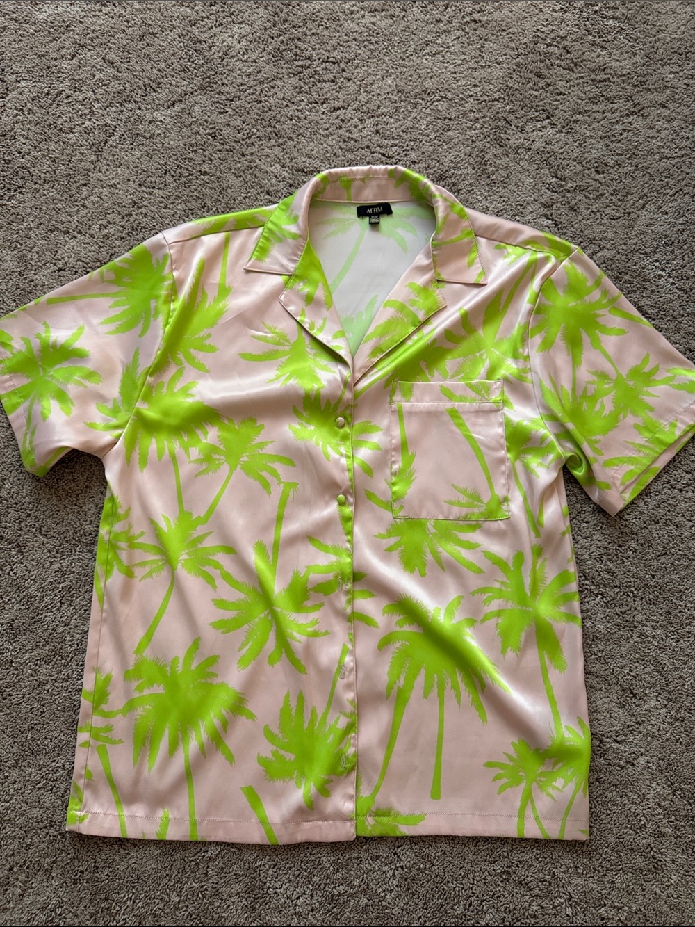 AFRM Pink oversized satin Shirt with Neon Green Palm Print